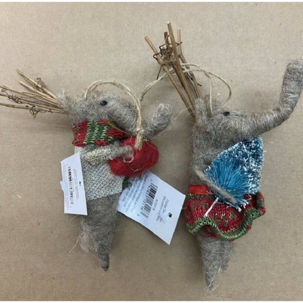 Wooly Christmas Elephant Ornaments Set of 2 By Silver Tree